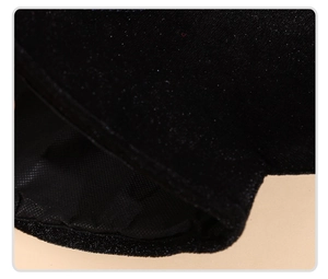Detail of black velvet material with subtle glitter and breathable honeycomb mesh lining