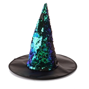 Classic black witch hat featuring shimmering blue-green sequins on a pointed top design