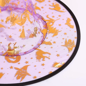 Purple Halloween witch hat with gold glitter web patterns for costume party attire