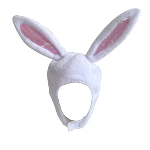 Plush white bunny ear hat costume headwear with pink satin interior and velcro strap