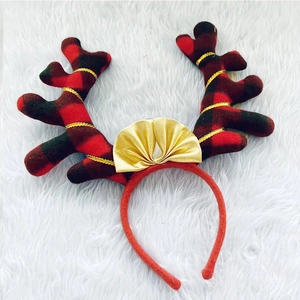 Weihnachts Rentier Geweih Stirnband mit rot schwarzem Karo und goldener Schleife Dekor