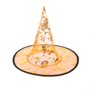 Orange Halloween wizard hat with gold pumpkin patterns on translucent mesh fabric