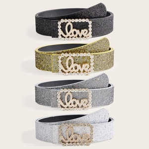 Cintura di Moda da Donna Vintage con Paillettes e Strass Ecopelle Fibbia con Lettere Love Cintura Luccicante per Abiti da Festa