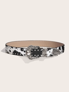 Cintura stile western con stampa animalier, fibbia argentata e borchie in metallo