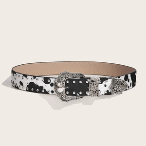 Cintura retrò con stampa mucca e fibbia in argento inciso vintage con borchie metalliche