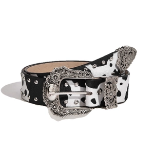 Cintura western vintage con stampa mucca fibbia floreale argento e borchie metallo