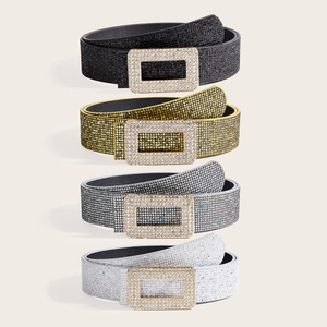 Women Luxury Retro Rhinestone Sequin Belt Sparkling Glitter Waistband With Square Zinc Alloy Buckle For Dress Down Jacket