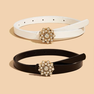 Ceinture Fine en Similicuir Avec Boucle Fleur en Strass Vintage Pour Femmes Enfants Boucle Dorée Jeans Robe Bijoux
