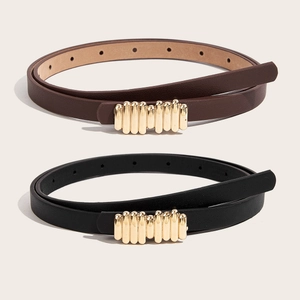 Women Thin PU Leather Belt Elegant Alloy Gold Wave Buckle Waist Chain For Dresses Suits Coats Sweaters Fashion Jewelry Accessory
