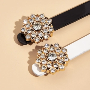 Ceinture fine pour enfants avec boucle fleur en strass, cuir noir et blanc élégant