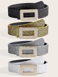 Detail view of sparkling rhinestone belts in black, gold, gray, and silver color variants