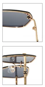 Close-up of reinforced hinges and decorative metal temples on these luxury sunglasses