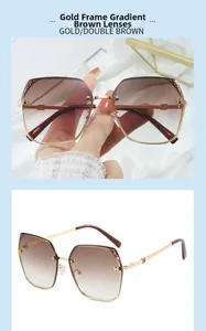 Detail shot of oversized gold metal sunglasses with double brown gradient lenses