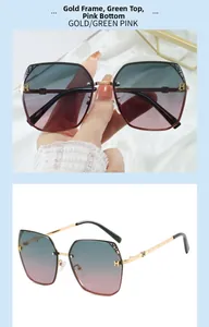 Detail of gold frame sunglasses with green and pink gradient lenses and H-logo temple