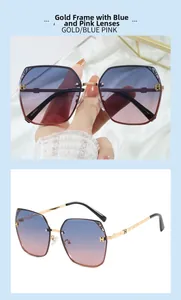 Macro detail of gold metal frame with H-shaped hinge and blue-pink gradient lens