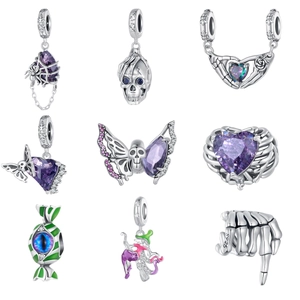 925 Sterling Silver Halloween Skeleton Charms Purple Zirconia Gothic Witch Spider Enamel Beads For DIY Bracelet Necklace Making Jewelry