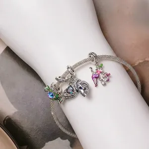 S925 sterling silver Halloween charm bracelet with skull, witch and cat pendants