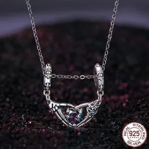 Gothic 925 sterling silver skeleton hands necklace with heart-shaped purple zircon stone