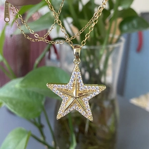 Macro shot of 14K gold-plated star pendant with cubic zirconia and S.STEEL engraving