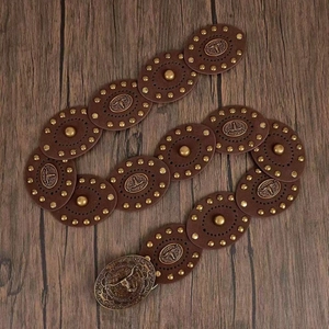 Western vintage brown leather concho belt with studs and Texas longhorn buckle