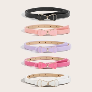 Women Kids Vintage Synthetic Leather Skinny Belt Sweet Bowknot Buckle Candy Color Thin Waistband For Jeans Dresses