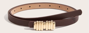 Close-up of minimalist brown PU leather thin belt with textured golden metallic buckle
