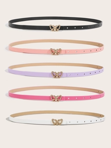 Close-up of thin patent leather belts in five colors with golden butterfly buckles