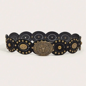 Western vintage black rivet belt with Texas Longhorn breeders association metal buckle