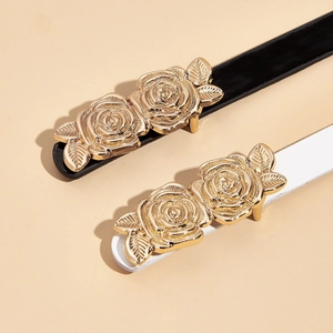 Cinture vintage per bambini nero e bianco con fibbie a rosa dorata per ragazze