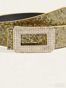 Close-up of luxury women belt with gold sequins and rhinestone buckle for dresses