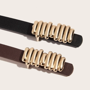 Minimalist PU leather thin belt set in black and brown with unique gold metal buckle