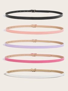 Detailed view of five slim colorful PU leather belts with gold buckles and neat holes