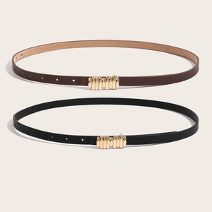 Women minimalist PU leather skinny belt set in brown and black with gold buckle