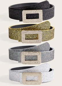 Detailed set of four glitter belts in black, gold, silver, and white with rhinestone buckles
