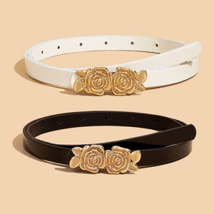 Cintura in Ecopelle per Donna e Bambina Cinturino Sottile Alla Moda Con Fibbia in Lega a Fiore di Rosa Oro Vintage
