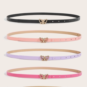Set of four colorful slim leather belts for women with golden butterfly buckle detail