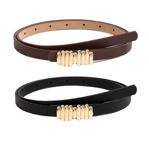 Minimalist PU leather skinny belts for women with gold metal buckle in black and brown