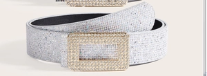 Detail of shimmering silver sequin belt with gold buckle and sparkling rhinestones