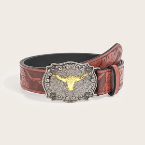 Vintage western cowboy PU leather belt with embossed floral pattern and bull head buckle
