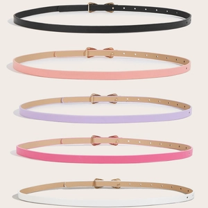 Kids thin faux leather belts set with gold bow buckles in five assorted vibrant colors