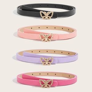 Detailed view of four colorful slim PU leather belts with gold butterfly buckles
