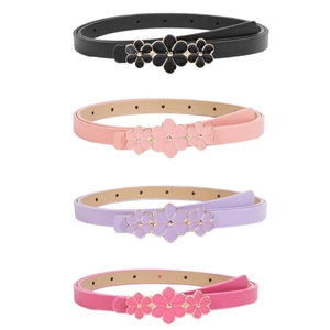 Kinder Ledergürtel Set mit floralen Metallschnallen in Schwarz, Pink, Lila und Rosa Farben