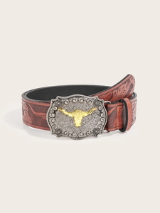 Detail of western belt with floral embossing and antique silver longhorn buckle