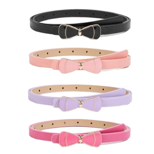 Kids fashion faux leather skinny belts with decorative bow buckles in four vibrant colors
