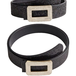 Women's vintage black glitter waist belt with luxury rhinestone rectangle buckle