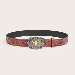 Western cowboy PU leather belt with embossed floral pattern and vintage bull head buckle