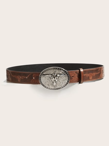 Western cowboy vintage PU belt with embossed patterns and silver bull head buckle