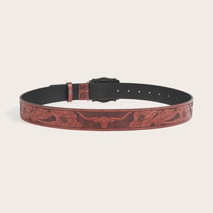Western cowboy style brown PU leather belt with bull head buckle and embossed floral patterns