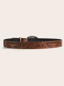 Close-up of brown PU leather belt featuring western vintage floral and bull head embossing