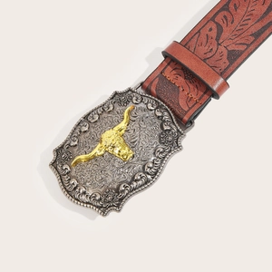 Western vintage brown embossed leather belt with a 3D bull head metal buckle accessory